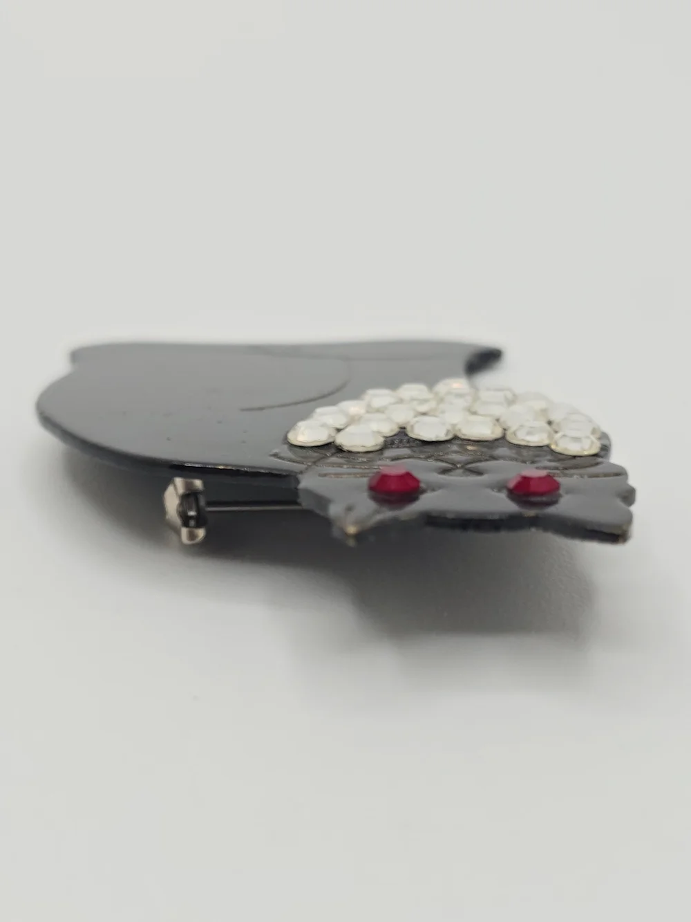 Vintage Black Cat Brooch Rhinestone Collar Red Eyes Solid Brass Kitty 1-7/8